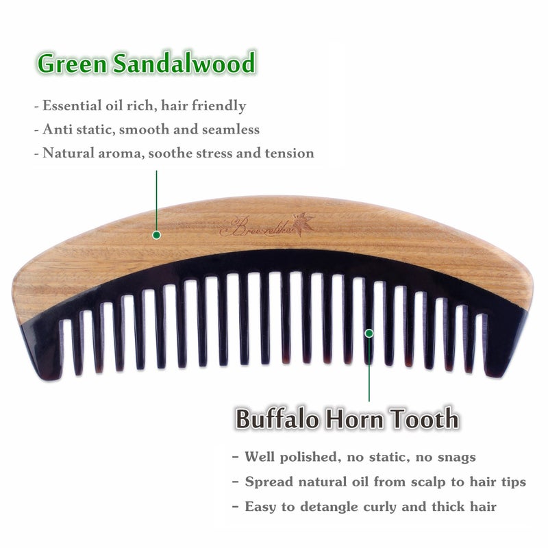 Breezelike Hair Comb - Wide Tooth Wooden Detangling Comb for Curly Hair - No Static Sandalwood Buffalo Horn Comb for Men and Women - Image 2